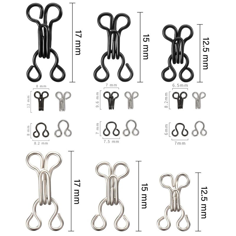 Bememo 50 Set Sewing Hooks and Eyes Closure for Bra and Clothing, 3 Sizes (Silver and Black) - Image 2